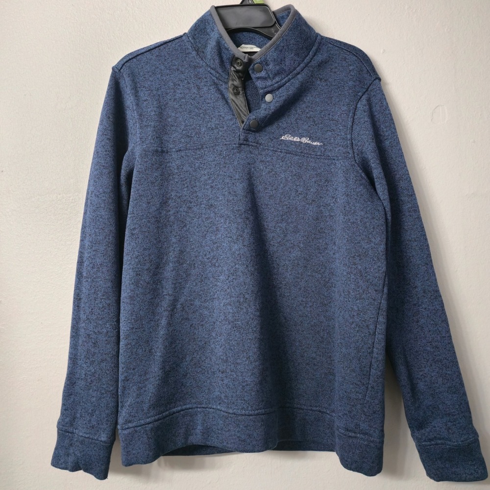 Eddie Bauer Mens Blue Marled Sweater Fleece Mock Neck Snap Pullover Large
